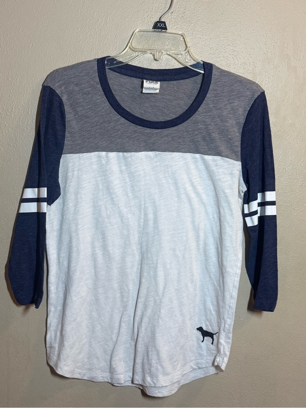 Vintage PINK Victoria's Secret Colorblock Baseball Tee - Navy & Gray Sz Sm